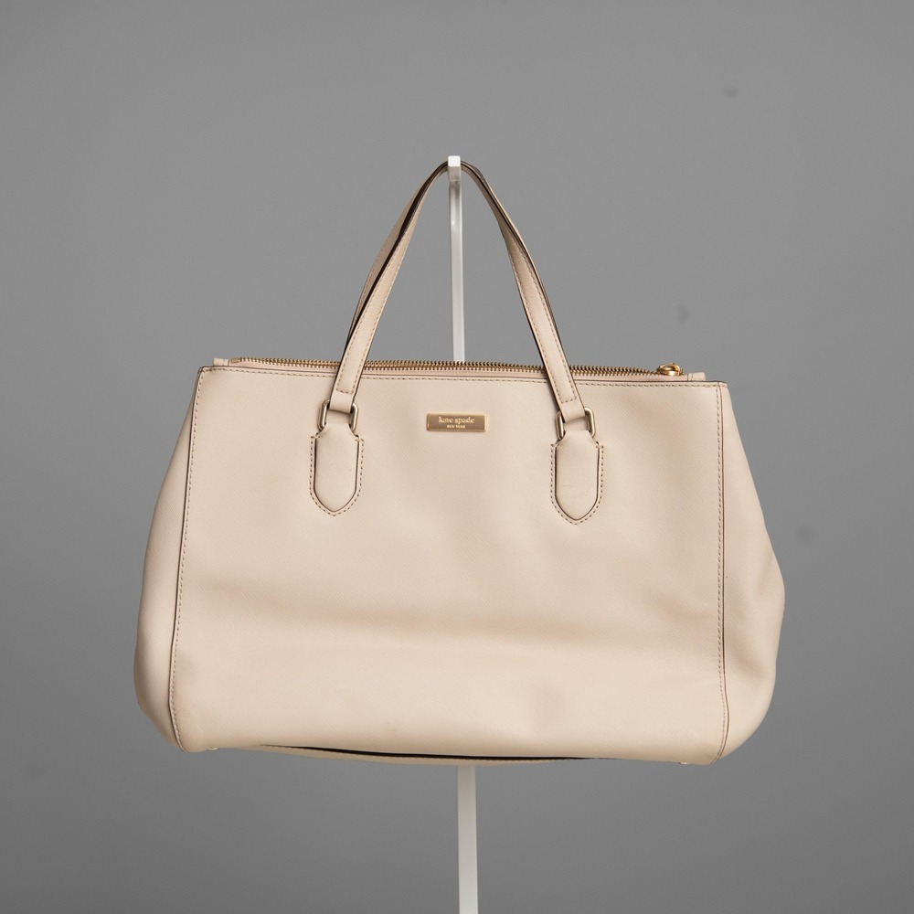 Kate Spade Purse Beige Saffiano Leather Triple Compartment Tote Bag Minimalist
